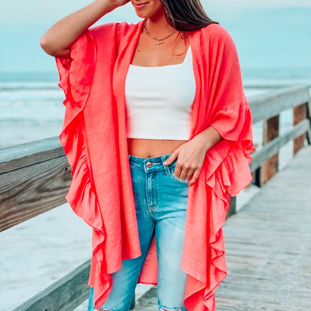 Coral Ruffle Kimono Cardigan